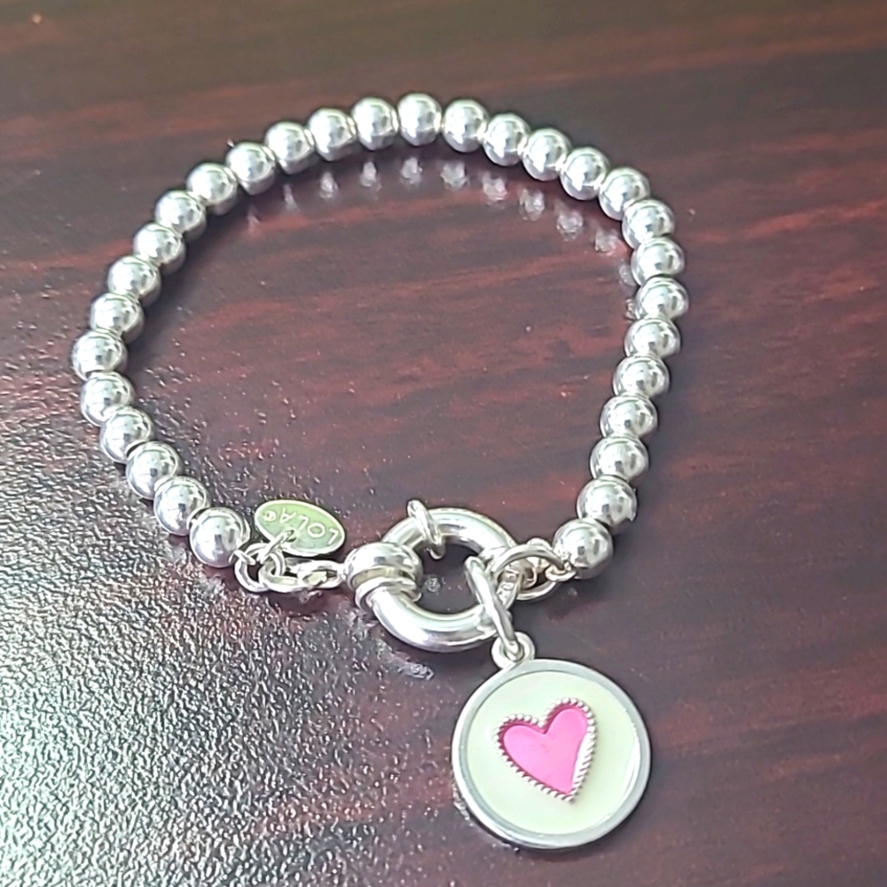 LOLA & Company Sterling Silver Ball Beaded Bracelet & Mini Pink Heart Charm